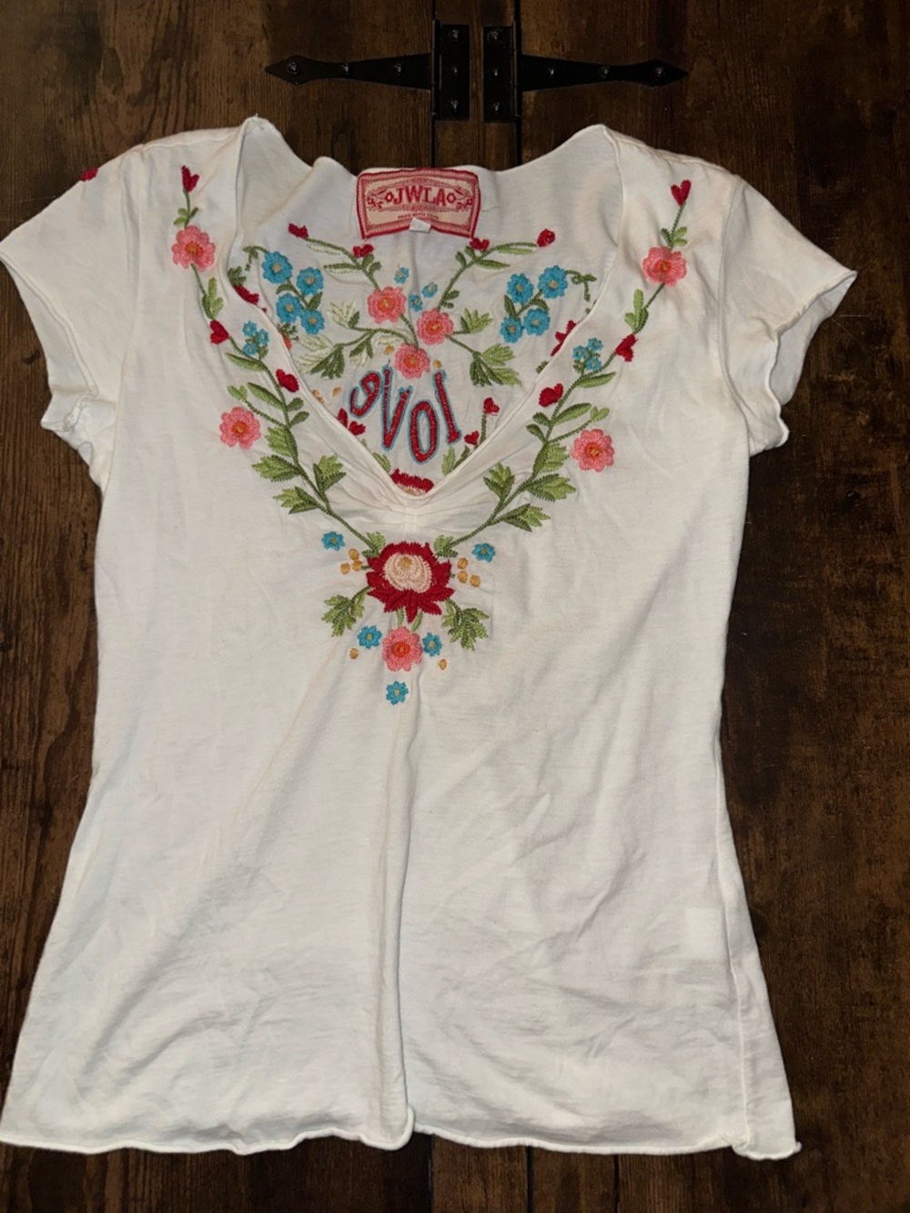 Johnny Was Cream V-Neck Tee with Multicolor Floral Embroidery